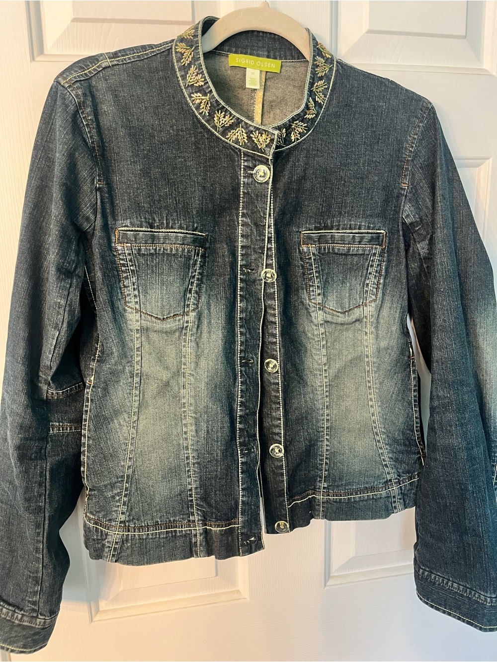 Sigrid Olsen Women's Dark Blue Embroidered Collar Denim Jacket Jeans Sz 10